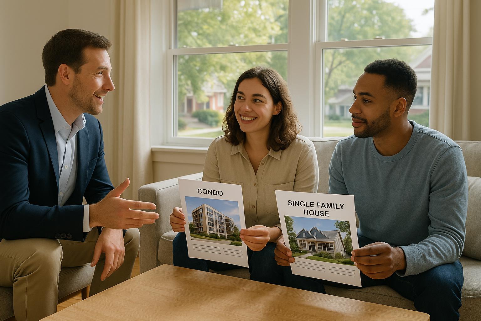 A couple with their agent compares condo and house options in a bright Grand Rapids living room, reviewing offer sheets and discussing next steps.