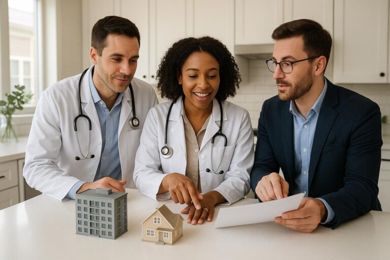 A physician couple and agent discuss condo versus single-family home options in a bright Grand Rapids home with moving boxes and home models on the kitchen island.