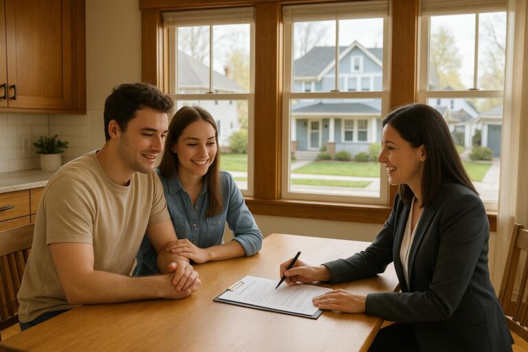 A couple and their real estate agent review earnest money deposit paperwork at a kitchen table in a bright Grand Rapids home.