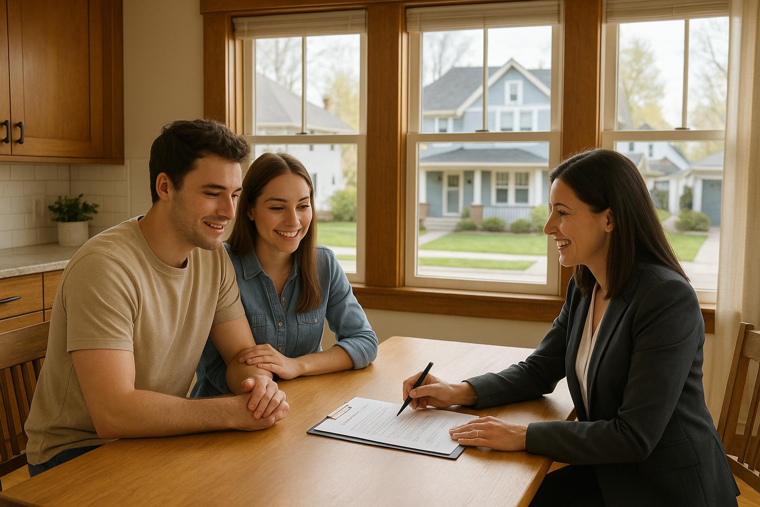A couple and their real estate agent review earnest money deposit paperwork at a kitchen table in a bright Grand Rapids home.