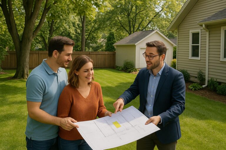 A Grand Rapids real estate agent reviews a property survey with buyers in a backyard, pointing out a utility easement near the fence line.