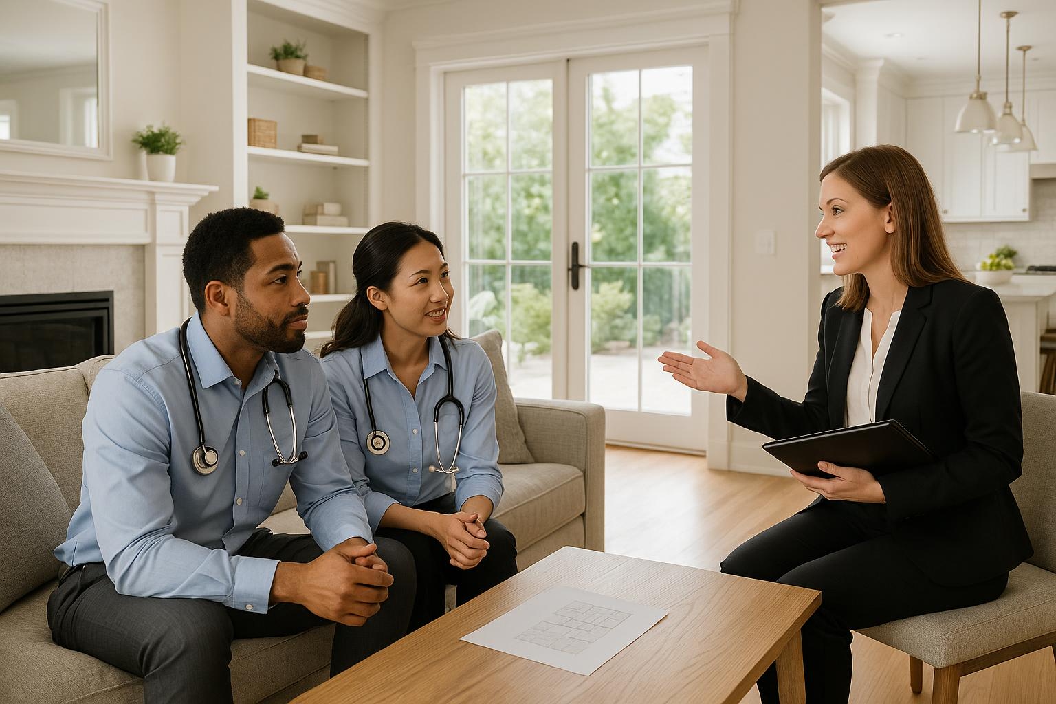 Physician couple and agent comparing East Grand Rapids and Ada homes at a bright kitchen table.
