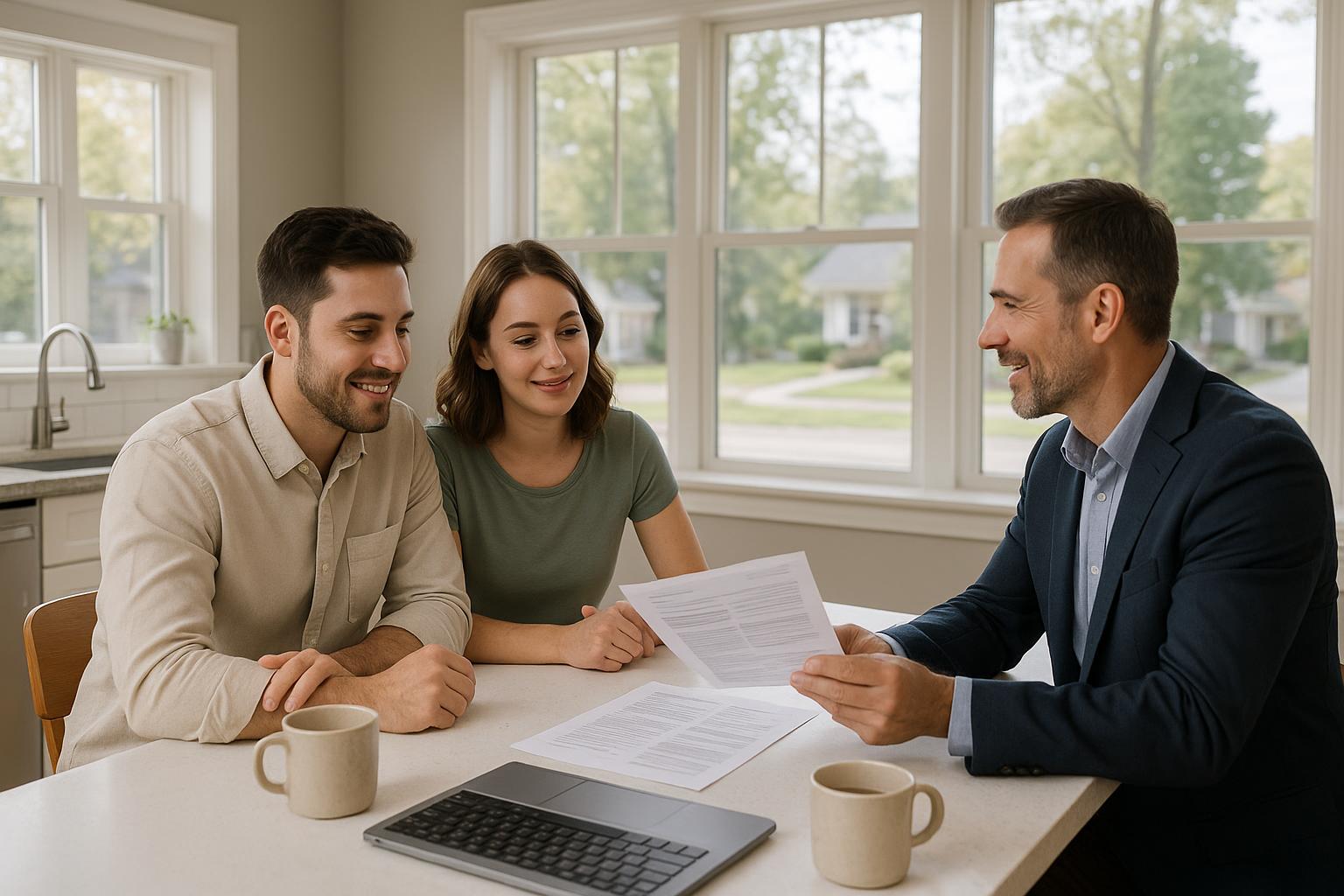 A couple in a Grand Rapids kitchen reviews FHA and conventional loan options with a real estate agent.