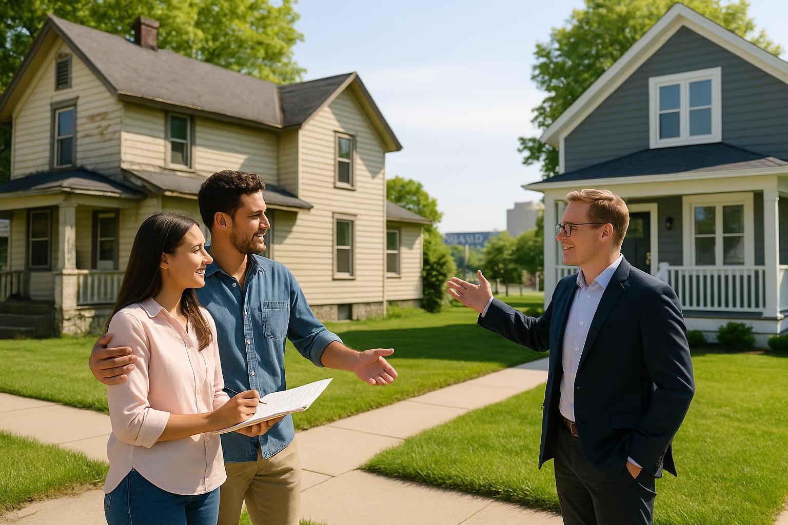 A couple in Grand Rapids compares a fixer-upper and a move-in ready home with their real estate agent on a sunny day.