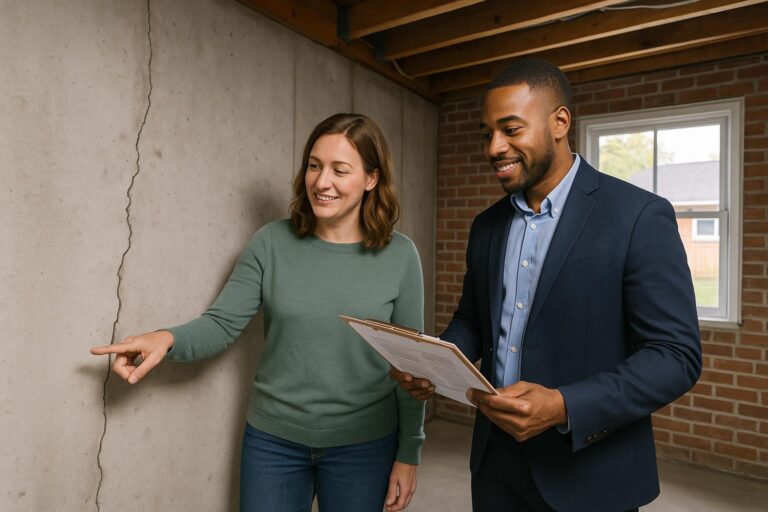 Homebuyer and agent in a bright Grand Rapids basement reviewing a foundation inspection report and discussing a visible wall crack.