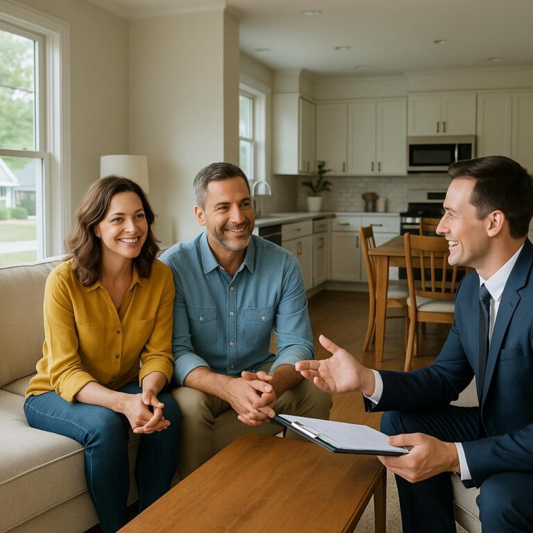 Grand Rapids homeowner and real estate agent reviewing multiple home offers at a kitchen table