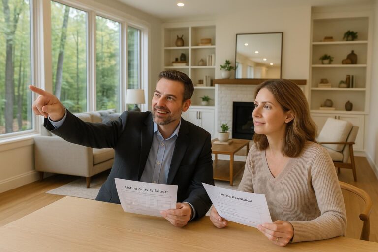 Forest Hills real estate agent and homeowner reviewing listing feedback in a bright living room.