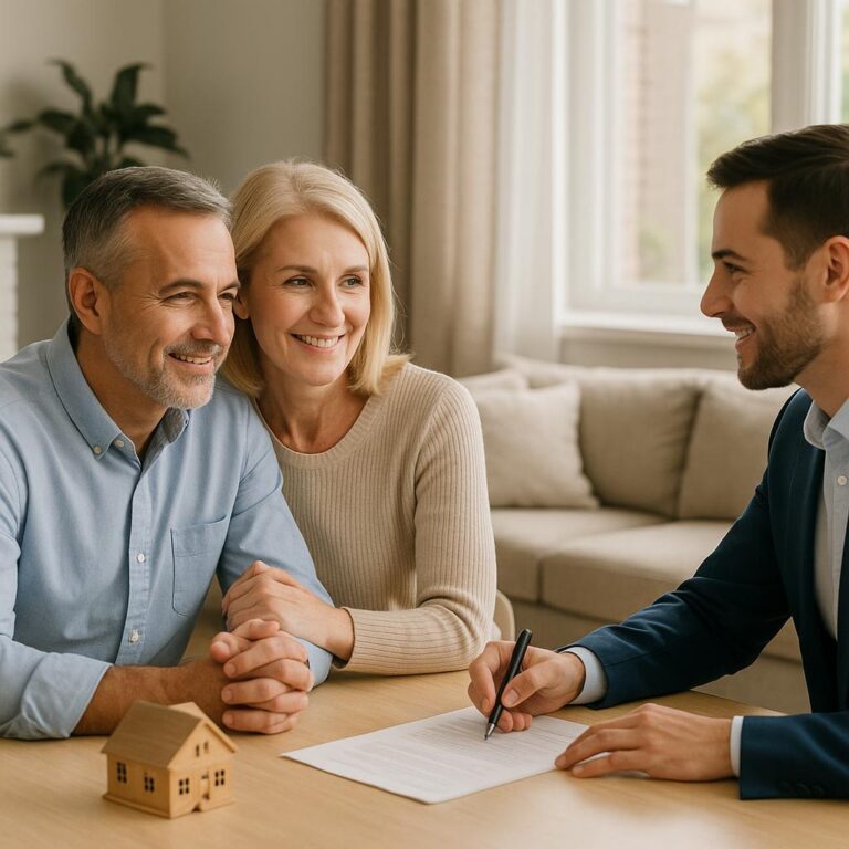 Grand Rapids homeowner and real estate agent comparing multiple home offers at a kitchen island.