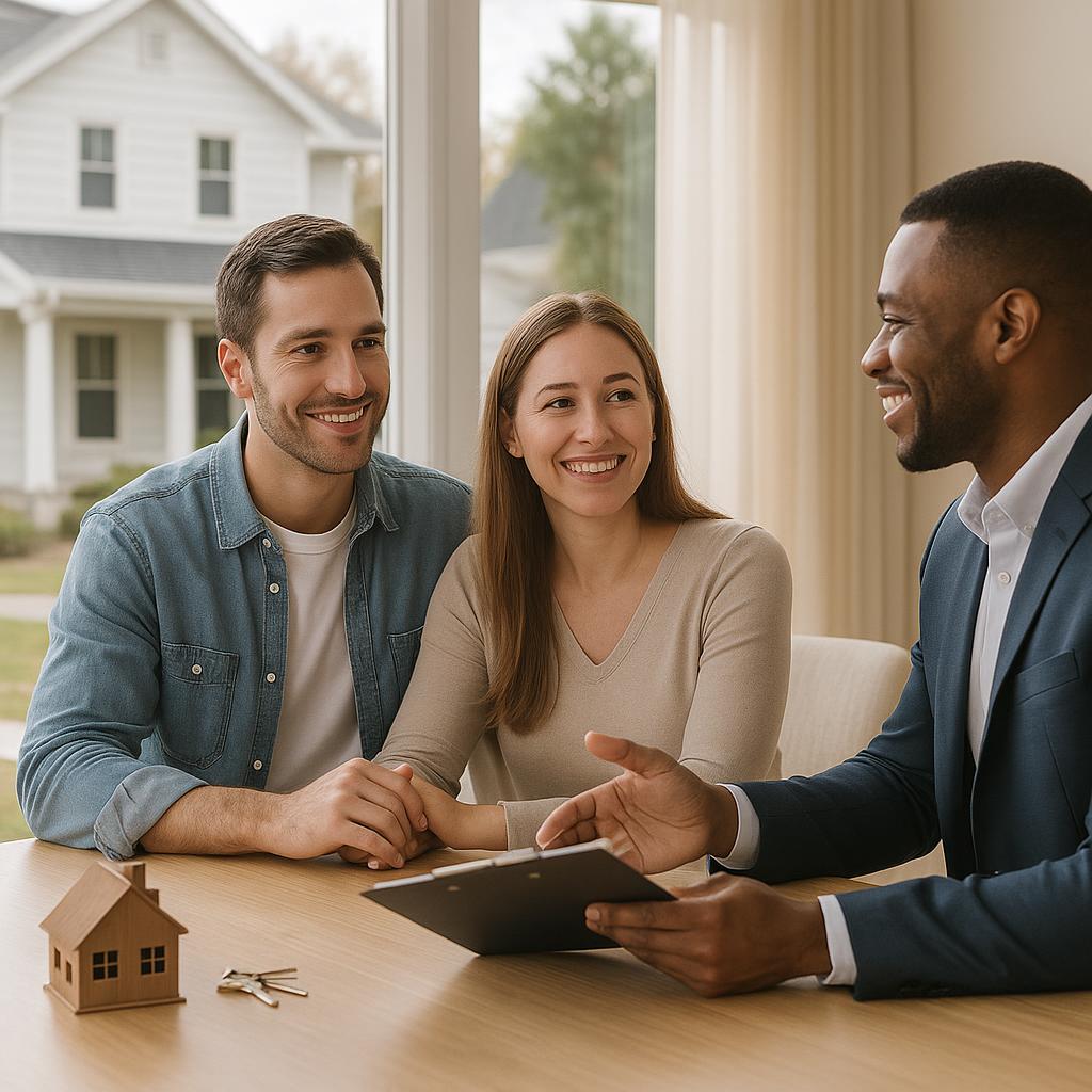 Grand Rapids seller and real estate agent reviewing buyer financing terms at a kitchen island, with moving boxes in the background.