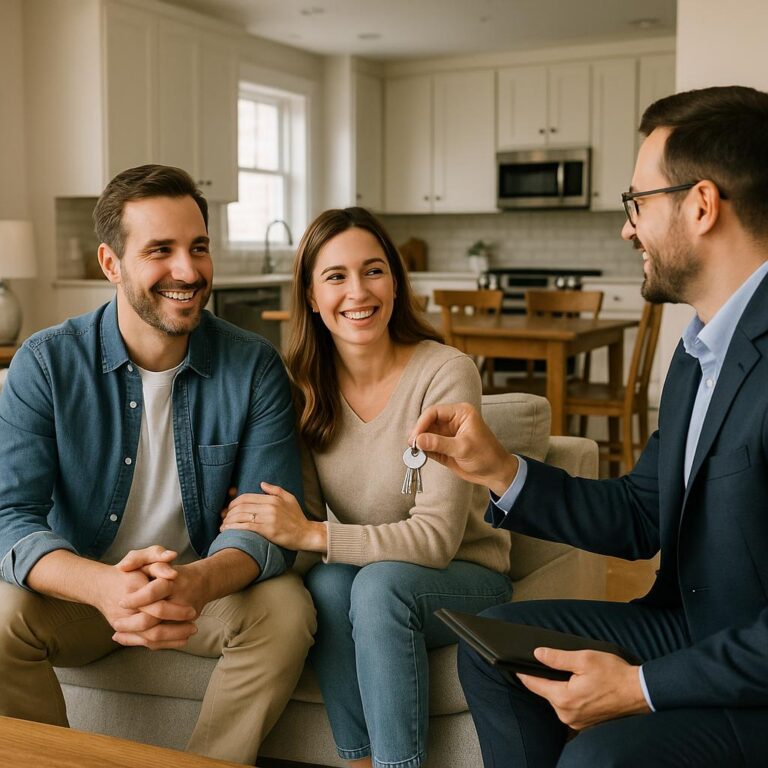 Grand Rapids homeowner and real estate agent calmly reviewing showing times together in a modern, organized living room.