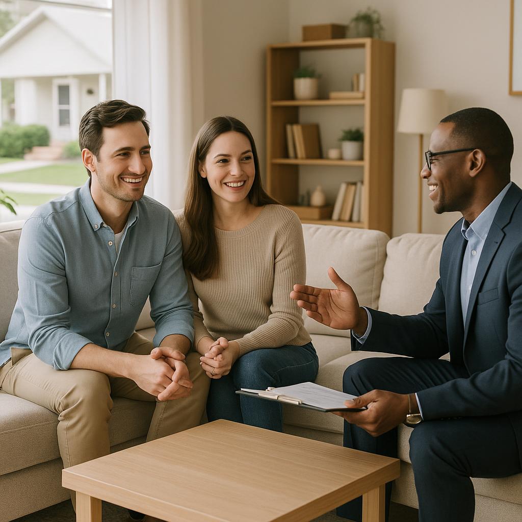 Grand Rapids homeowner and real estate agent reviewing title documents at kitchen island