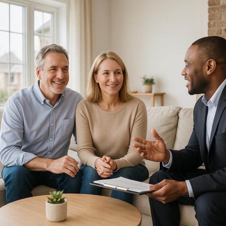 Grand Rapids homeowner and real estate agent reviewing a closing cost estimate at the kitchen island with moving boxes in the background.
