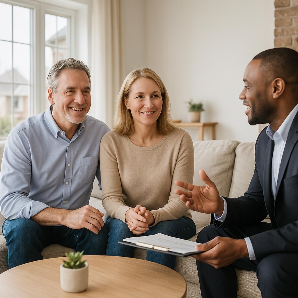 Grand Rapids homeowner and real estate agent reviewing a closing cost estimate at the kitchen island with moving boxes in the background.