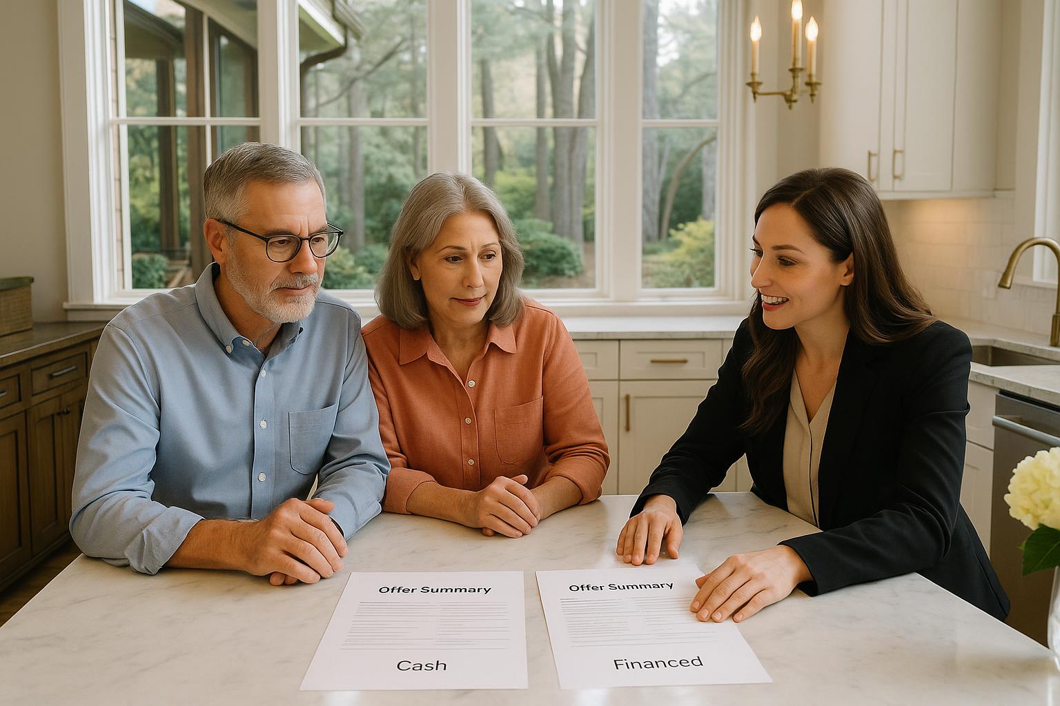 Forest Hills homeowners and agent reviewing cash and financed offers in a bright kitchen.