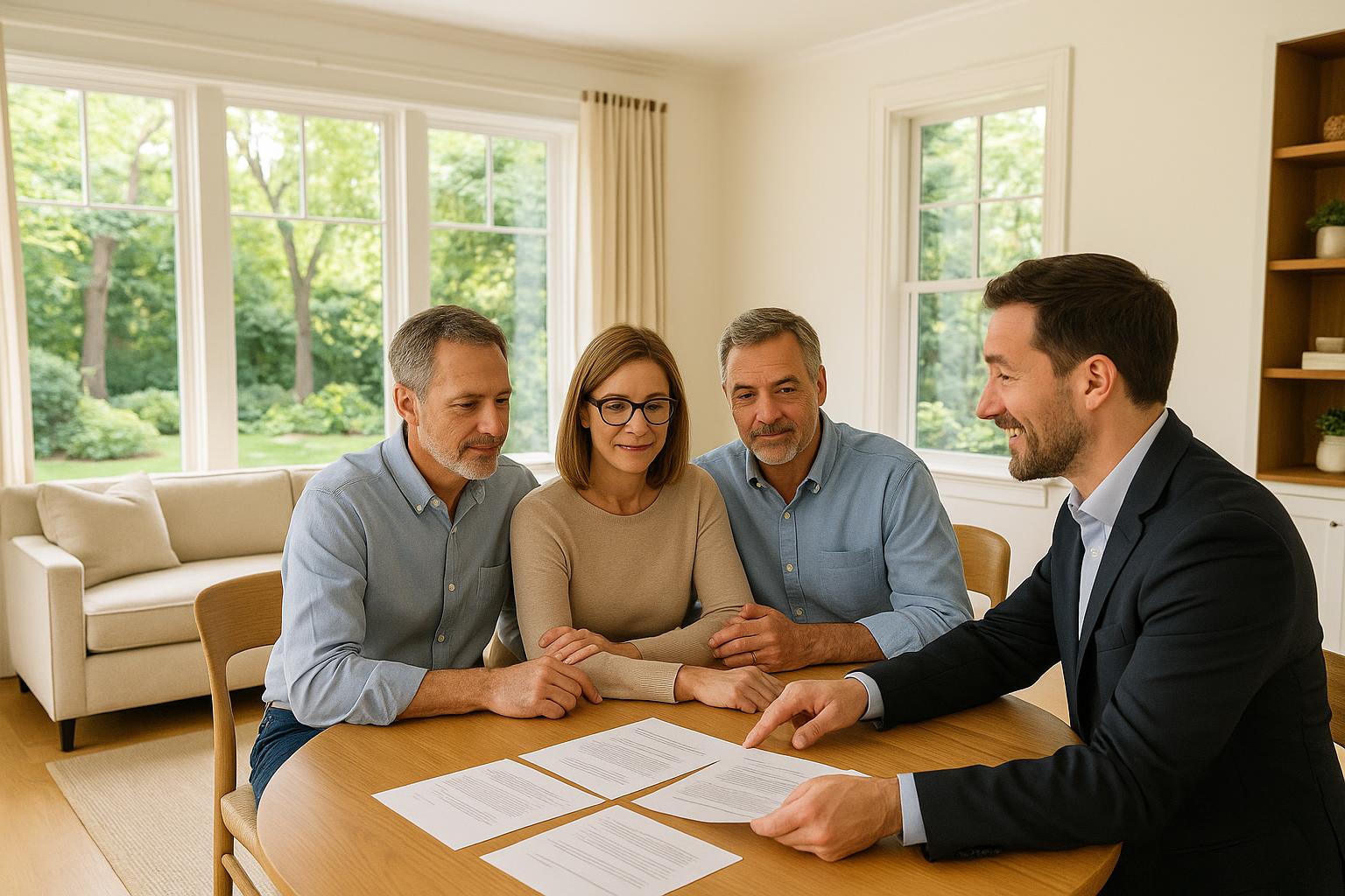 Forest Hills real estate agent and homeowners reviewing multiple offers in a bright living room