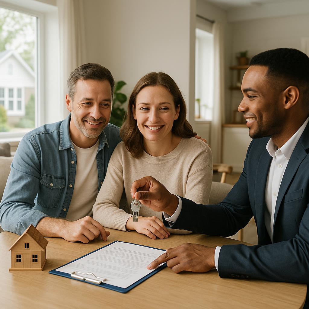 Grand Rapids homeowner and agent reviewing a pre-listing checklist in a staged living room