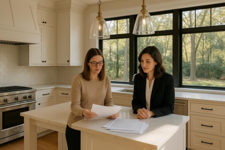 Seller and agent in a bright Forest Hills kitchen reviewing buyer feedback notes