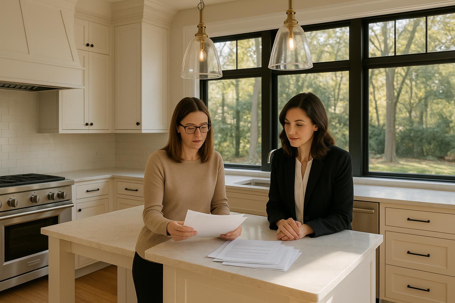 Seller and agent in a bright Forest Hills kitchen reviewing buyer feedback notes