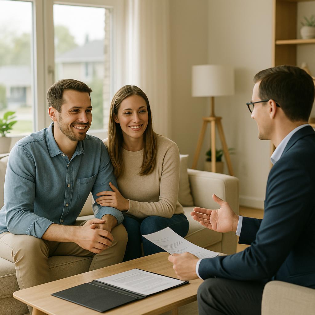 Grand Rapids homeowner and real estate agent reviewing showing feedback in a modern living room.