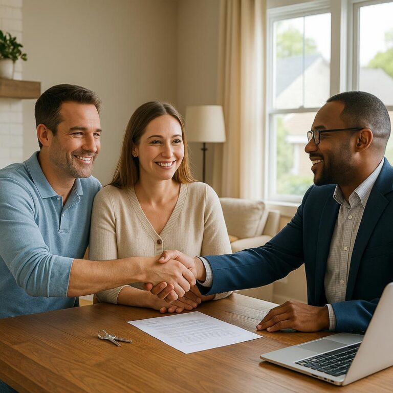 Grand Rapids homeowner and real estate agent calmly reviewing multiple offers at a kitchen island