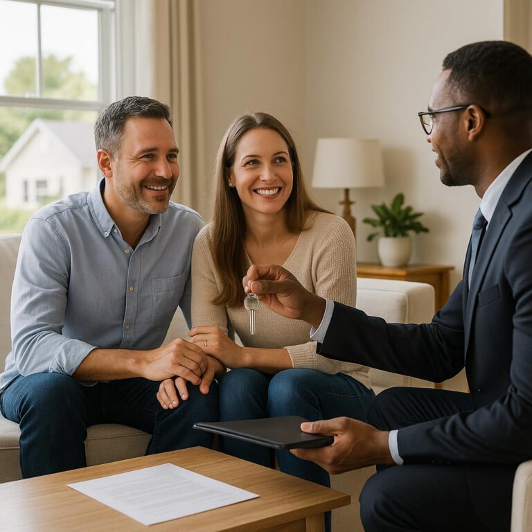 Grand Rapids homeowner and real estate agent calmly reviewing multiple home offers at a kitchen table