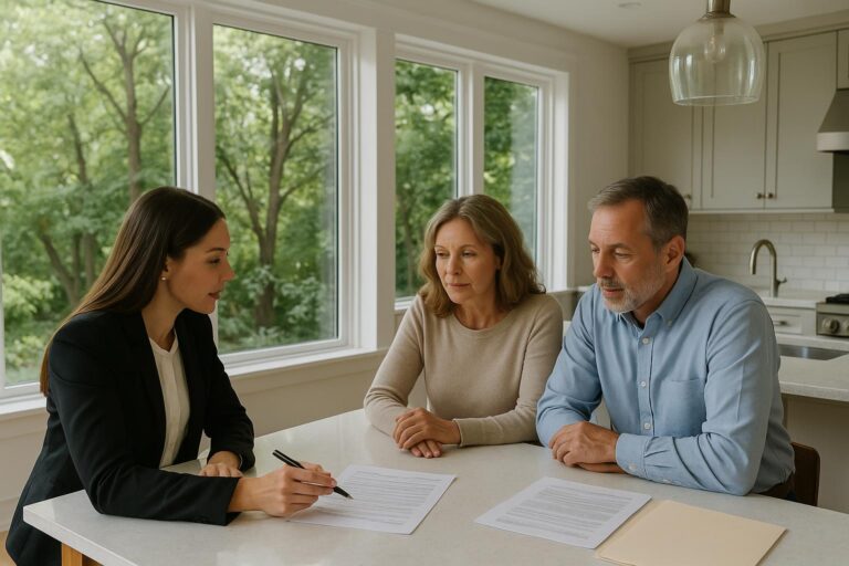 Forest Hills homeowners and agent reviewing buyer financing terms in a bright kitchen.