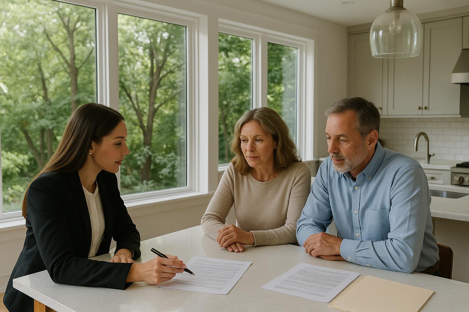 Forest Hills homeowners and agent reviewing buyer financing terms in a bright kitchen.