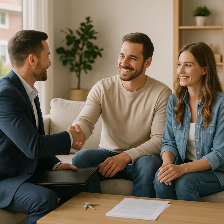 Grand Rapids home seller and agent reviewing quiet listing activity in a well-staged living room.