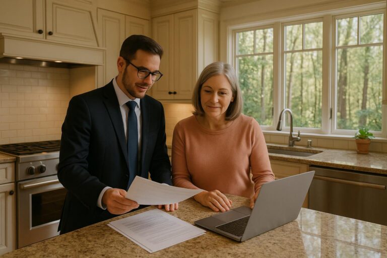 Forest Hills homeowner and agent reviewing buyer financing offers in a bright kitchen