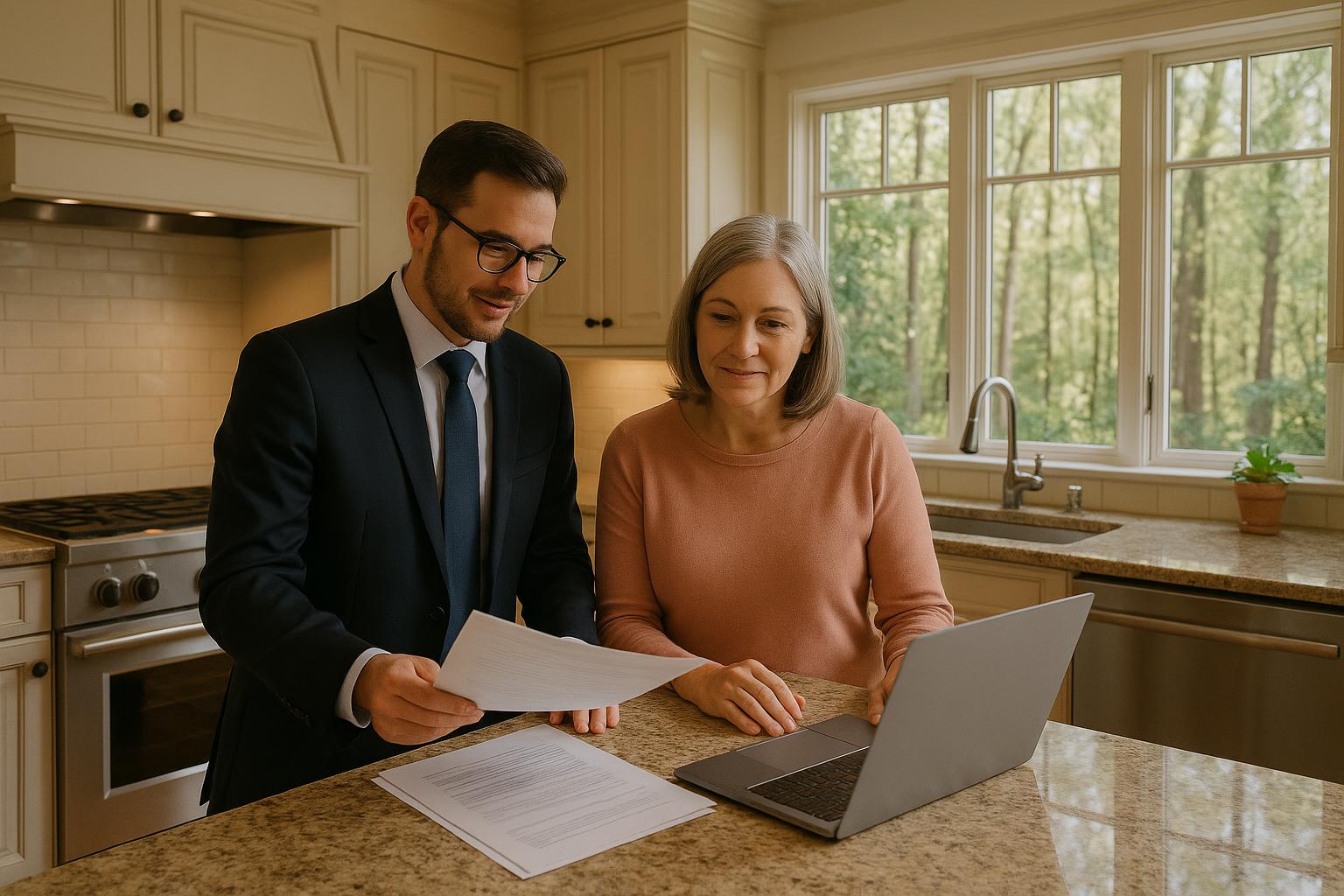 Forest Hills homeowner and agent reviewing buyer financing offers in a bright kitchen
