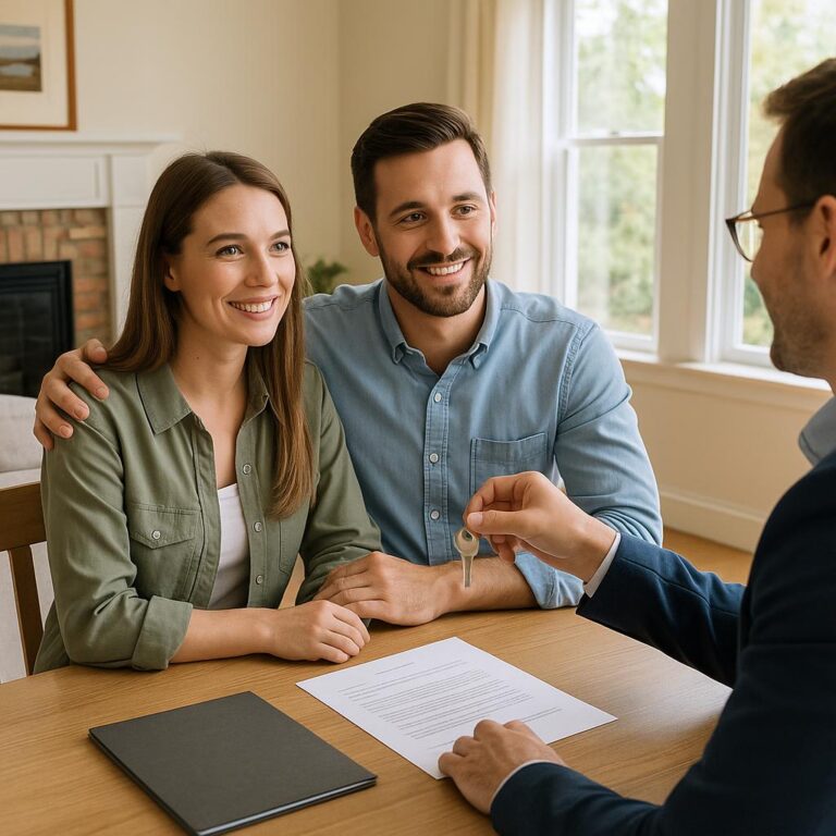 Grand Rapids homeowner and real estate agent reviewing a preparation checklist in the living room before listing the home for sale.