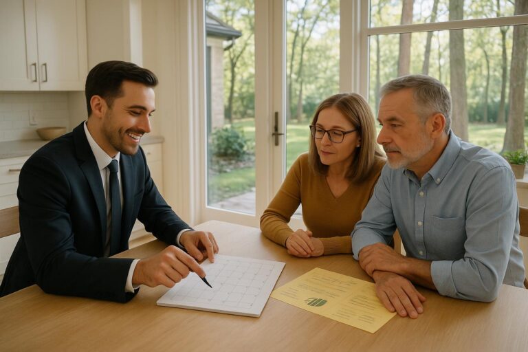 Agent and Forest Hills homeowners reviewing listing calendar in bright kitchen