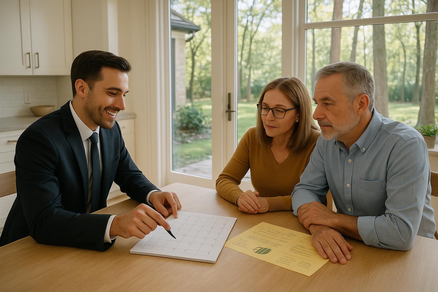 Agent and Forest Hills homeowners reviewing listing calendar in bright kitchen