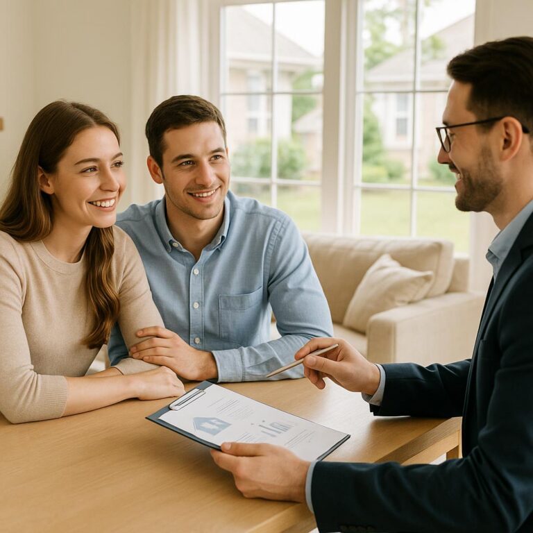 Grand Rapids home seller and real estate agent reviewing property tax paperwork before closing at a kitchen island.