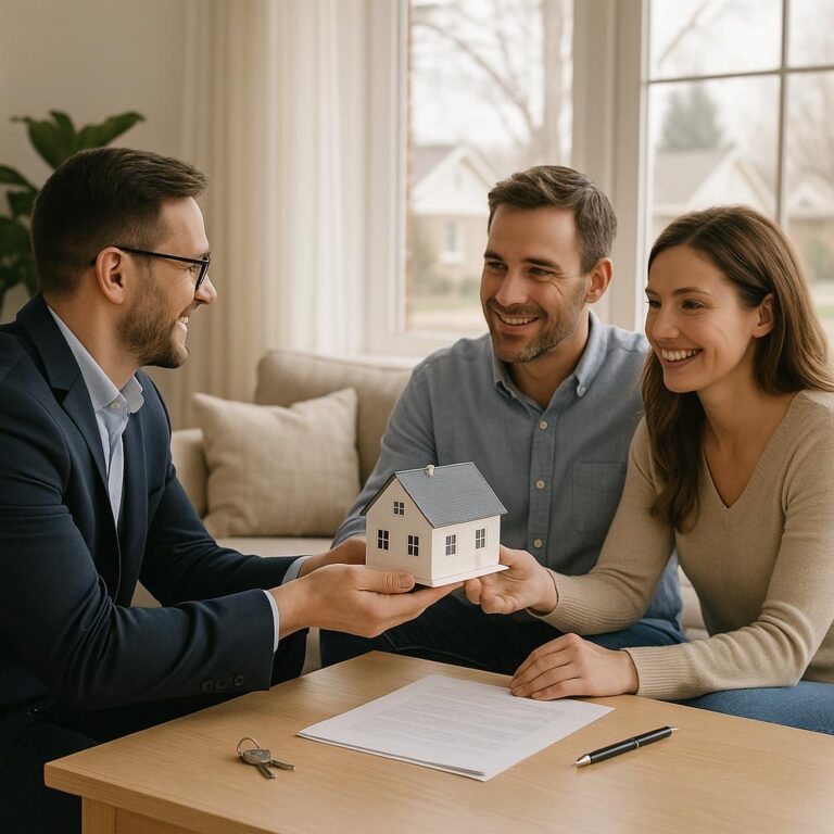 Grand Rapids homeowner and real estate agent reviewing property documents about a lien in a bright kitchen.