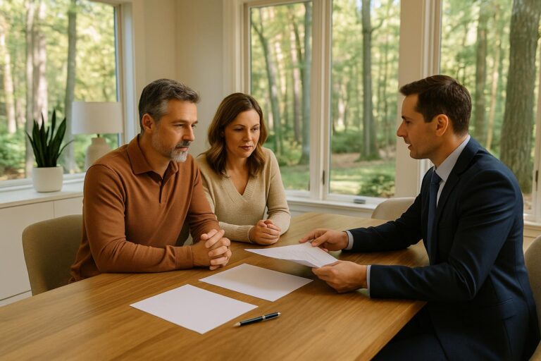 Forest Hills homeowners and their agent review an off-market offer in a bright, modern dining room with wooded views.