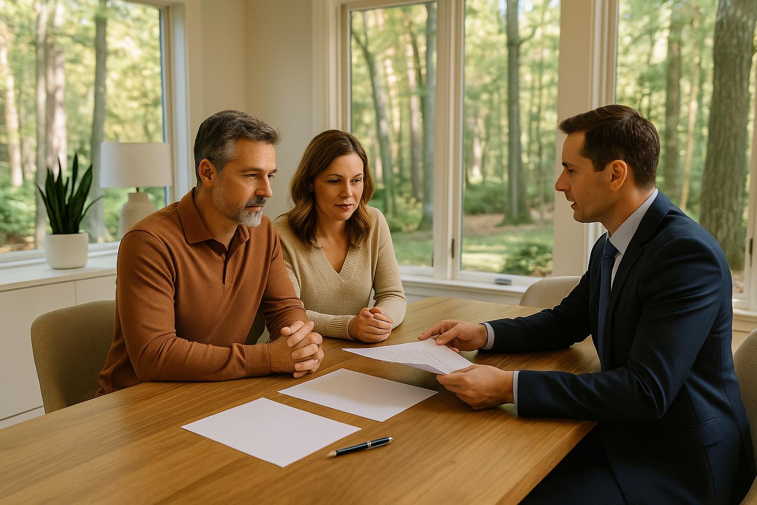 Forest Hills homeowners and their agent review an off-market offer in a bright, modern dining room with wooded views.