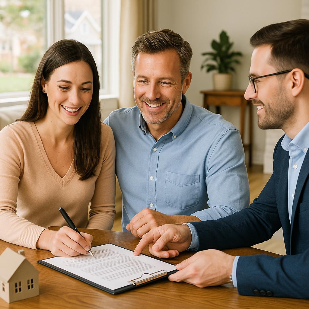Grand Rapids homeowner and real estate agent calmly reviewing home sale paperwork after buyer backs out