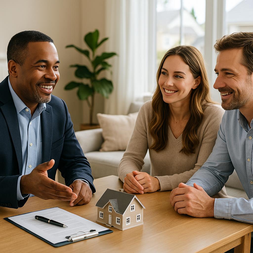 Grand Rapids home seller and real estate agent discussing seller concessions at a kitchen island.
