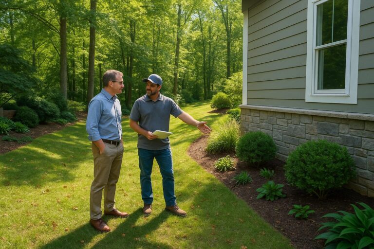 Forest Hills homeowner and contractor review yard drainage in daylight