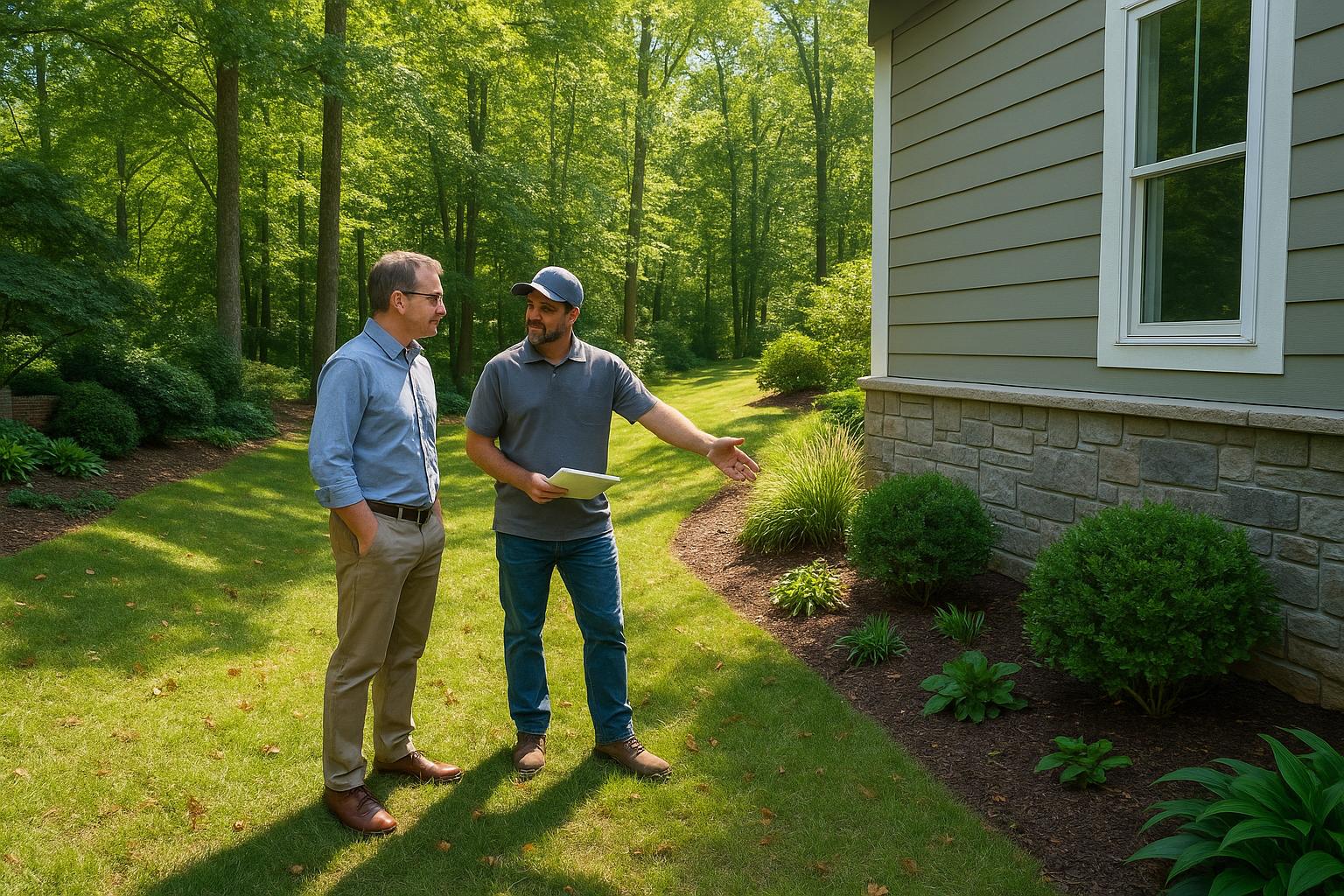 Forest Hills homeowner and contractor review yard drainage in daylight