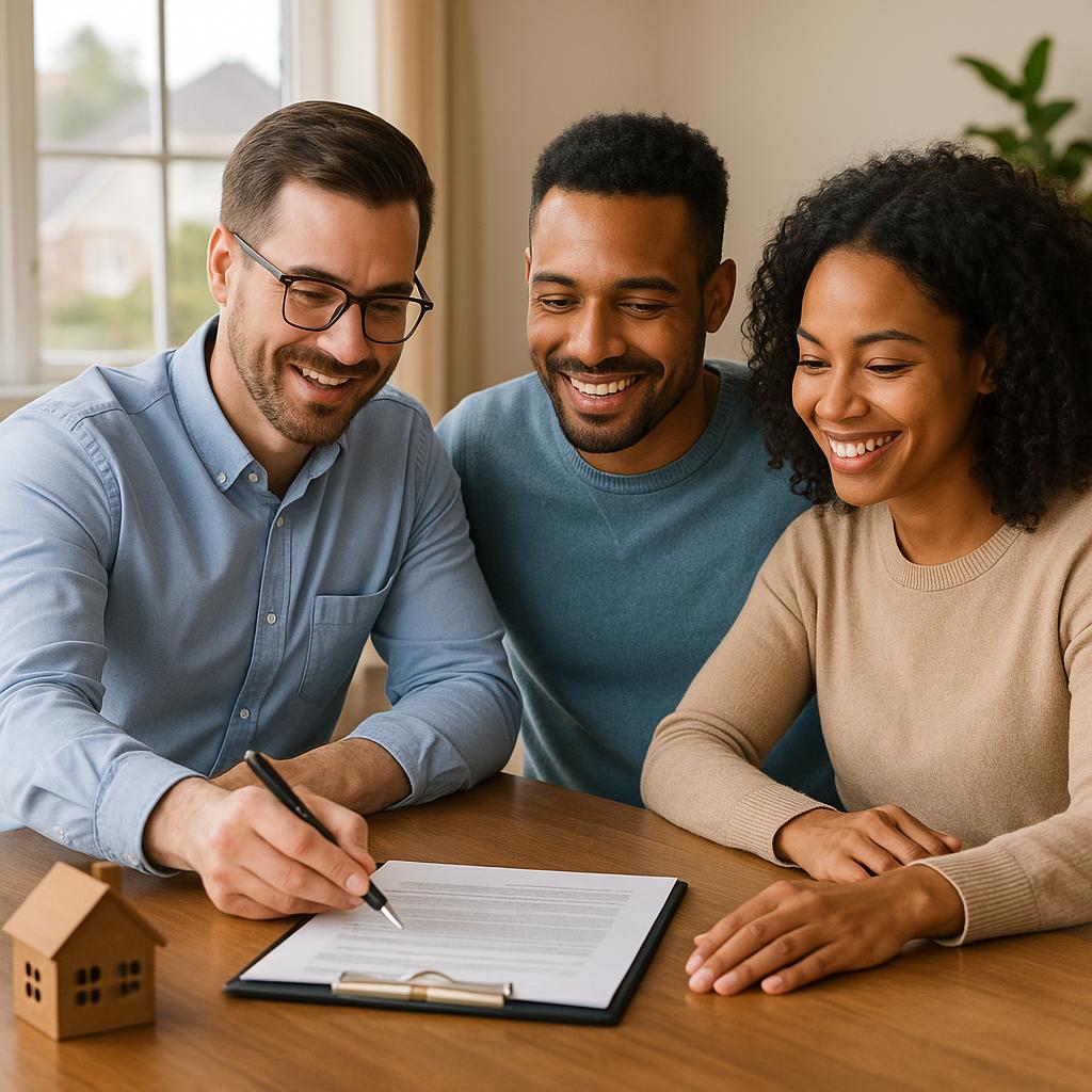 Grand Rapids home sellers reviewing their mortgage payoff with a real estate agent at the kitchen table before closing.