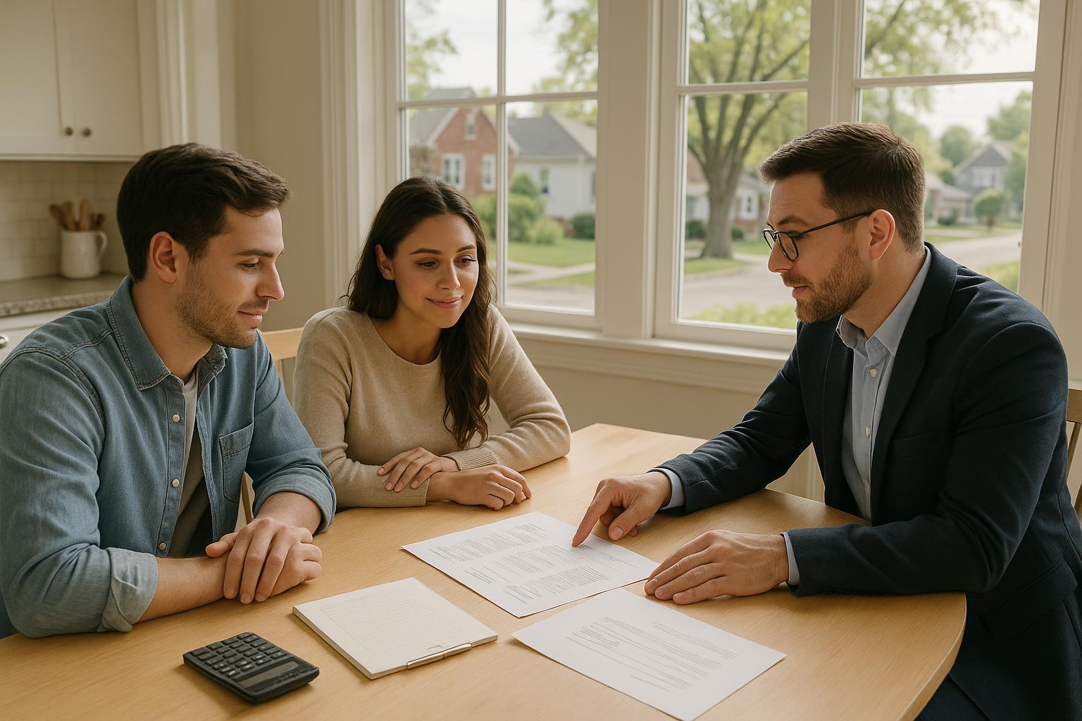 A Grand Rapids couple and their agent reviewing an appraisal report and offer details at a kitchen table, discussing how to handle an appraisal gap.