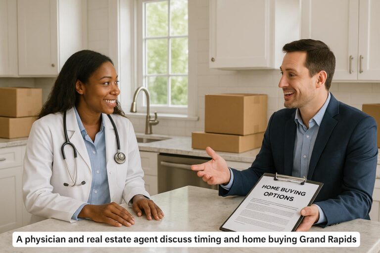 Physician and real estate agent discussing home buying and timing in a bright Grand Rapids kitchen during medical fellowship, with moving boxes in the background.