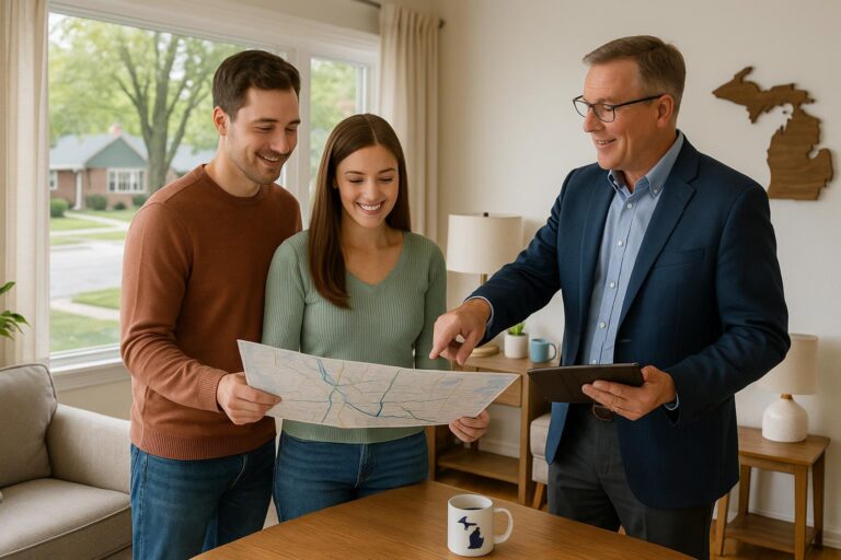 Grand Rapids homebuyers and their agent review a commute map in a bright living room, considering drive times to work and local amenities.