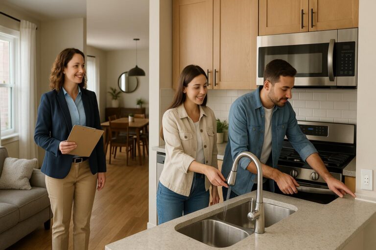 Grand Rapids homebuyers with agent checking appliances and outlets during a final walkthrough before closing.