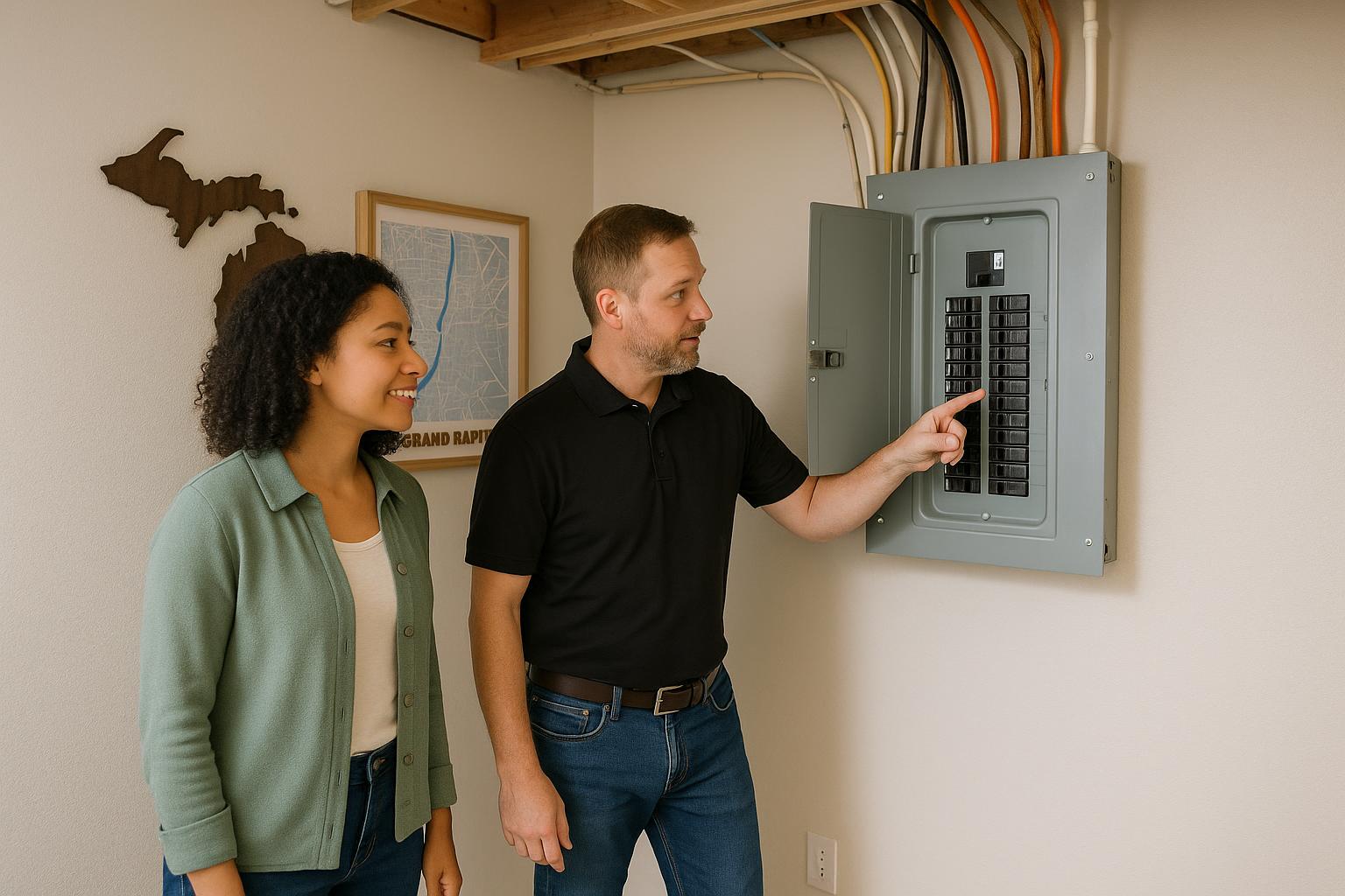 Grand Rapids home buyer and inspector reviewing an older electrical panel in a finished basement during a daylight home inspection.