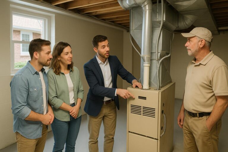 First-time buyers with agent and inspector examining an old furnace in a finished Grand Rapids basement during a home inspection.