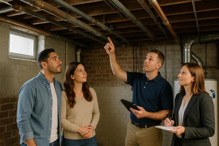 Home inspector showing old copper and galvanized plumbing to buyers and agent in a Grand Rapids bungalow basement.