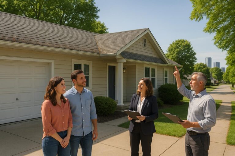 Grand Rapids home buyers and agent reviewing an older roof with a home inspector in a bright, welcoming West Michigan neighborhood.